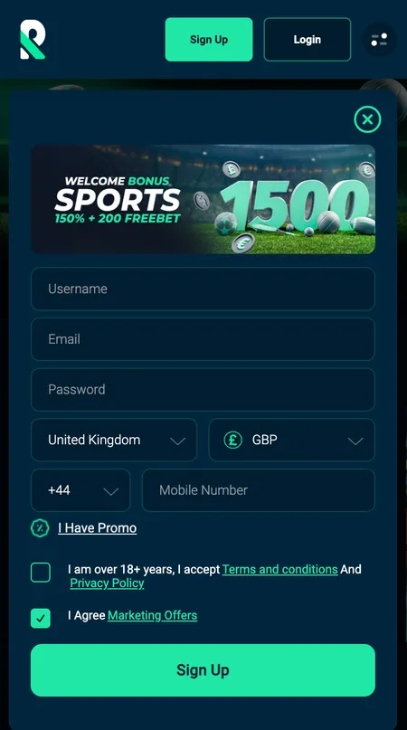 Rolletto registration form with country, currency and promo code fields